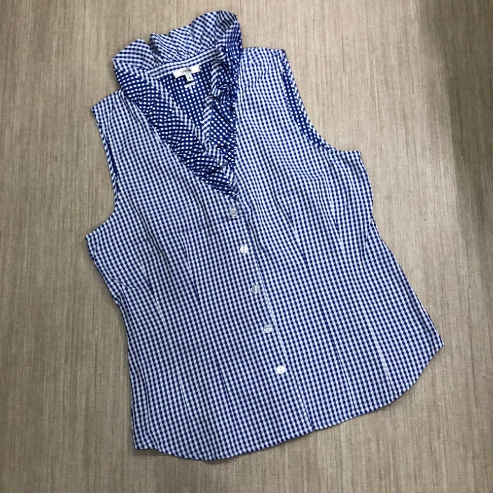 Tyler Boe Sleeveless Ruffle Neck in Blue Gingham